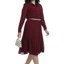 Business Casual Shirt Dress for Women Long Sleeves Pleated Midi Dresses with Belt, Burgundy, XS
