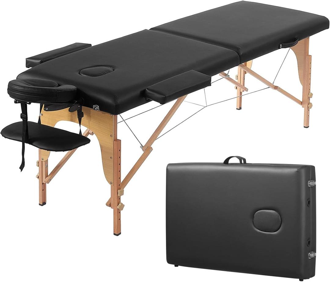 Prilinex Portable Folding Massage Table - 2 Sections Massage Bed Spa Table with Carrying Bag, Face Cradle, Armrest & Hand Pallet - Easy Set Up, Lightweight, Height Adjustable 24" to 33" Black