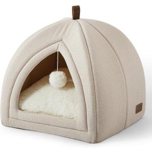 Bedsure Cat Beds for Indoor - 2 in 1 Cat Cave House Tent for Kittens and Small Pets with Removable Washable Cushioned Pillow, Foldable Kitten Hideaway with Non-Slip Bottom, Beige, 16 inches