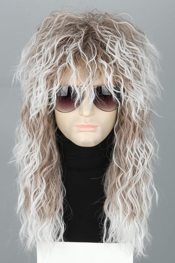 80s Wigs for Men Brown White Long Wavy Mullet Wigs for Women Heavy Metal Rocker Wig Halloween Costume Party Wig