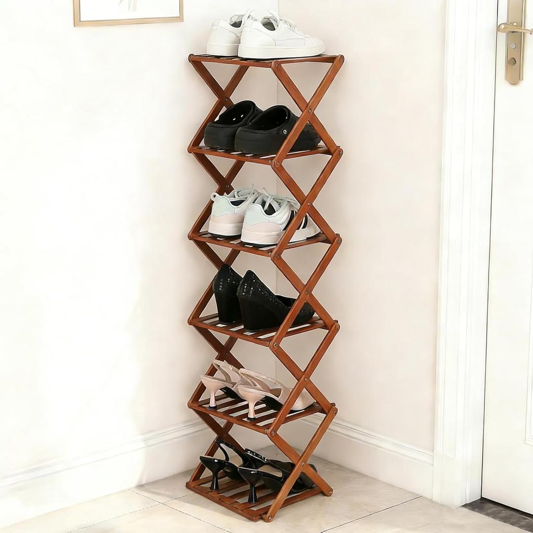 Bamboo Shoe Rack 6 Tier Foldable Shoe Rack Narrow Vertical Shoe Organizer Free Standing Shelf, Multifunctional Slim Storage for Entryway, Corner, Bedroom, Hallway, Walnut Color