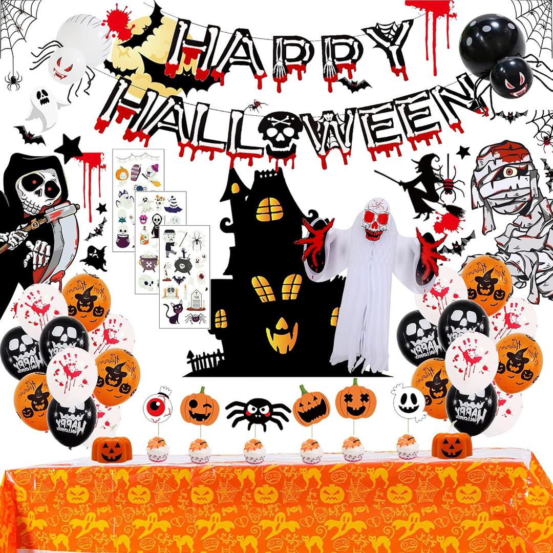 77 PCS Halloween Party Decorations Set - Halloween Balloons Stickers Halloween Ghost Hanging Decoration Halloween Window Clings Suitable for Outdoor and Indoor Halloween Decorations.