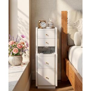 Narrow Nightstand with 4 Drawers, Solid Wood Narrow End Table, Modern Skinny Nightstand with 1 Semi-Open Shelf, Thin Couch Side End Table Night Stand with Drawers, 15.7"D x 7.9"W x 23.6"H