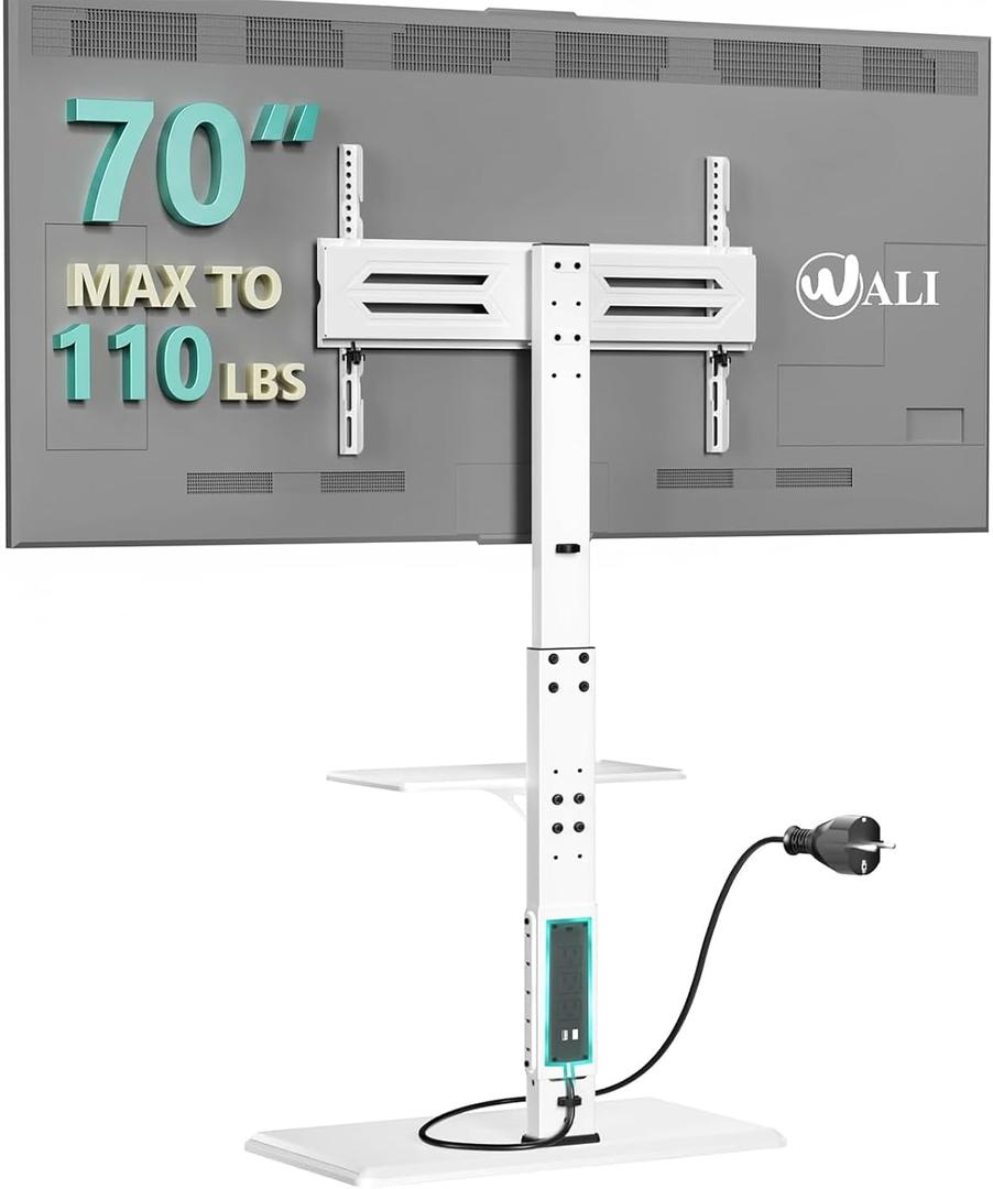 WALI Floor TV Stand with Power Outlet & AV Shelf, Tall TV Stand Mount for 32-70 inch TV up to 110 lbs, Swivel and Height Adjustable TV Stands with Wood Base for Bedroom, Office(TVDVD-6PW), White