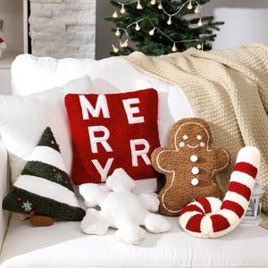Geelin 5 Pcs Christmas Throw Pillows Gingerbread Christmas Tree Pillows Snowflake Candy Canes Shape Pillows Stuffed Plush Merry Christmas Decorations for Bed Home Sofa Couch Party (Classic)