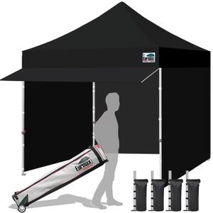 Eurmax USA 10x10 Pop Up Canopy,Commercial Tent with Patented No-Tip Rolling Bag,24sqft Extension Awning & 4 Zippered Removable Walls,UV & Water Resistant,Heavy Duty Instant Shelter Gazebo,Black