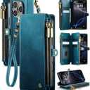 for iPhone 16 Pro (6.3") Case Wallet with RFID Blocking 2-Zipper Pocket & 8-Credit Card Holder Slots & Wrist Strap | Vintage Soft PU Leather Magnetic Snap Flip Protective Phone Cover, Green