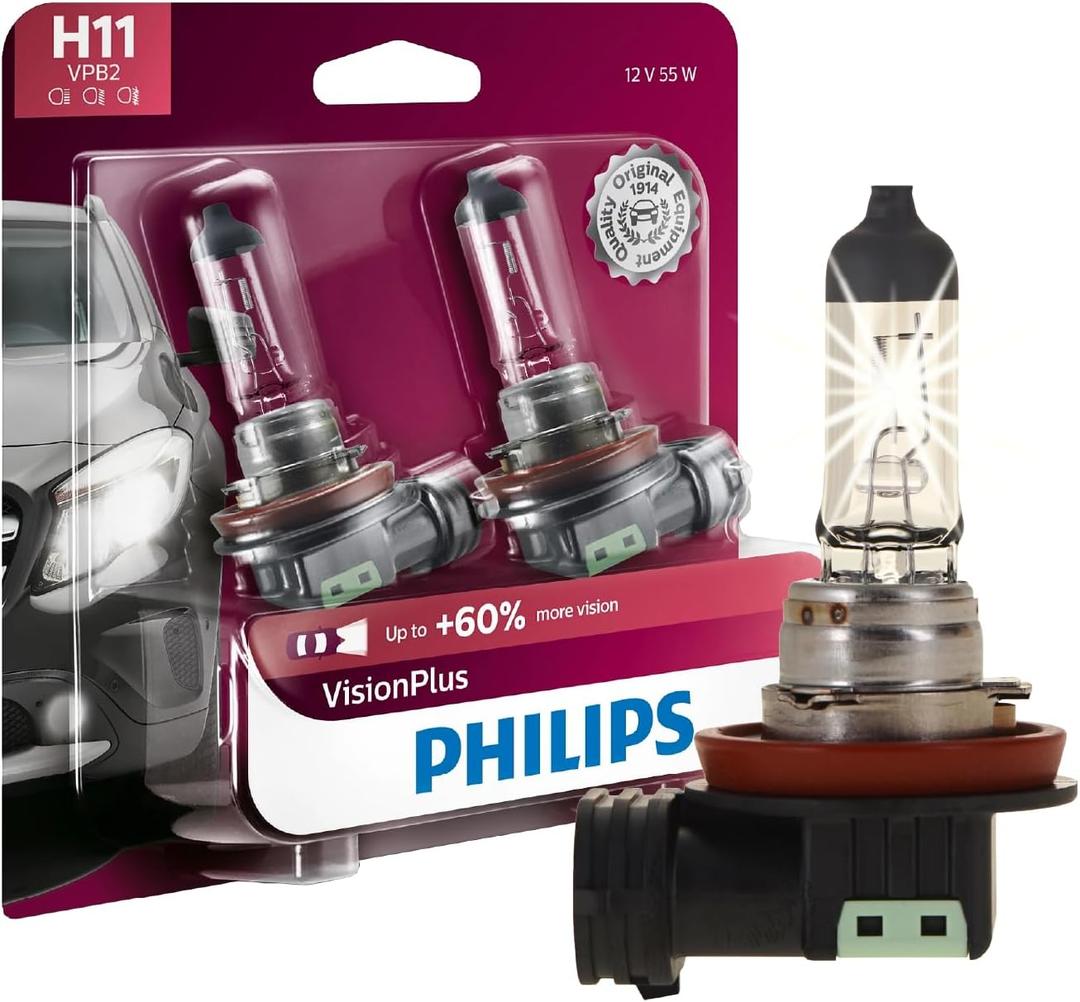 Philips Automotive Lighting H11 VisionPlus Deluxe Upgrade Automotive Replacement Headlight Bulb, for High Beam, Low Beam, and Fog Positions (Pack of 2)