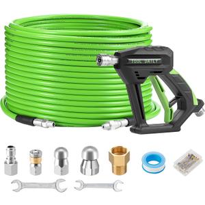Tool Daily Sewer Jetter Kit for Pressure Washer 100 FT, Short Power Washer Gun, Drain Cleaner Hose 1/4 Inch NPT, Corner, Rotating and Button Nose Sewer Jetting Nozzle, 3600 PSI