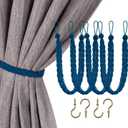 Home Queen Hand Braided Curtain Tieback, Buckle Drapery Curtain Tie Back, 4 Rope Belt Curtain Tie with 4 Metal Hooks, Navy