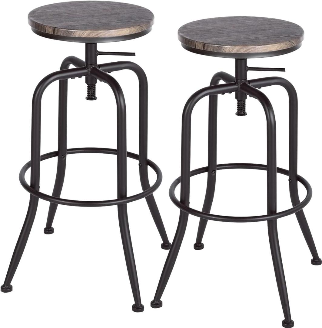 FurnitureR Rustic Bar Stools Set of 2, Swivel Adjustable Backless Industrial Coffee Kitchen Counter Height Barstools, Dining Room Bar Chairs, Wooden Seat, Metal Legs, Bar Height 27" to 30", Walnut