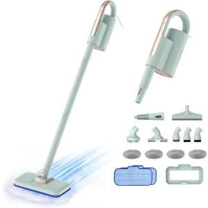 Newbealer Steam Mop & Detachable Handheld Cleaner, 250ml 1200W Powerful Floor Steamer, 3 Adjustable Levels for Carpet Laminate Hardwood Grout, Carpet Glider, 11 Multi-purpose Accessories & 2 Pads (Green with 11 brushes)