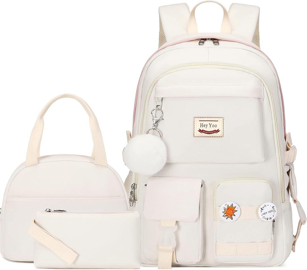 Hey Yoo School Backpack for Girls Backpack with Lunch Box Teen Girl Backpack Set Cute School Bag Bookbag for Teen Girls (White)
