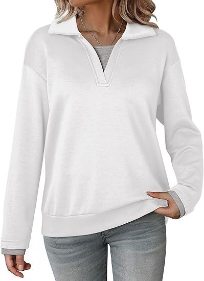 Dokotoo Sweatshirt for Women Long Sleeve Polo V Neck Color Block Oversized Lightweight Soft Casual Solid Color Pullover Sweatshirt Tops Comfy Fall Fashion Outfits Winter Clothes 2025 White Medium