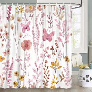 Watercolor Floral Shower Curtain, Pink Flowers Butterfly Plant Leaves Shower Curtains, Cute Botanical Boho Cottagecore Waterproof Polyester Fabric Bathroom Curtain Set with 12 Hooks, 72x72 Inch