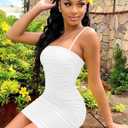 Mizoci Women's Sexy Sleeveless Ruched Spaghetti Strap Bodycon Mini Club Party Dress (White, 04)