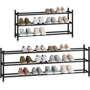 STORAGE MANIAC Long Expandable Shoe Rack, 18 Pairs Metal Wide Stackable Shoe Rack, Adjustable Shoes Shelf, Freestanding Shoes Organizer for Closet, Entryway, Hallway, Garage, Front Door, 3 Tiers (Black)