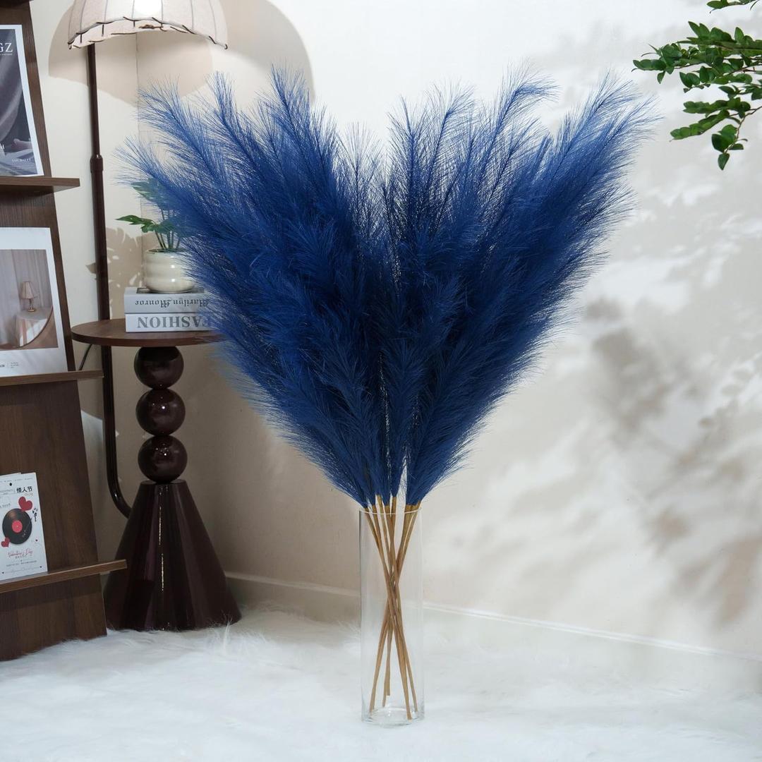 Premium Faux Blue Pampas Grass Tall – 55" Tall Ultra-Fluffy 24-Branch One-Piece Stems No Assembly, Luxury Silk-Feel Artificial Pampas Feather Flowers for Coastal Boho Wedding Home Decor (8 Stems)