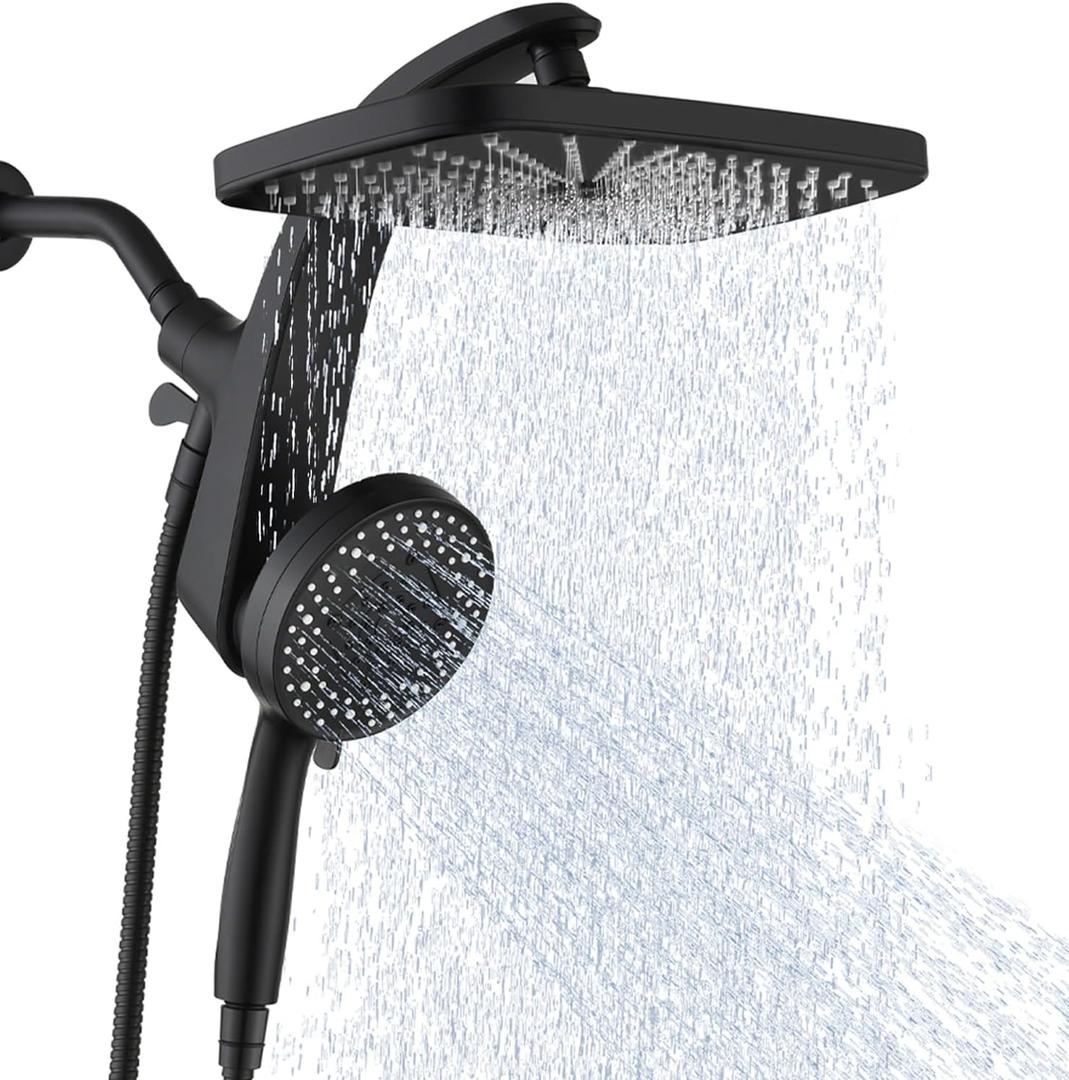 12" High Pressue Rain Shower Head with Handheld, 9 Sprays Hand Showerhead Shower Heads with Handheld Spray Combo, Dual Head, Built-in Magnetic Docking, Power Jets, 59" Shower Hose, Black 1.75GPM
