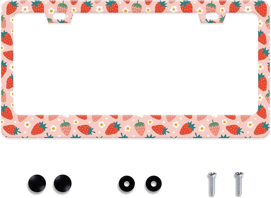 Strawberry License Plate Frame Fruit Stainless Steel License Plate Frame Auto Parts Decoration with Screws License Plate Holder for Men Women 12x6 Inch