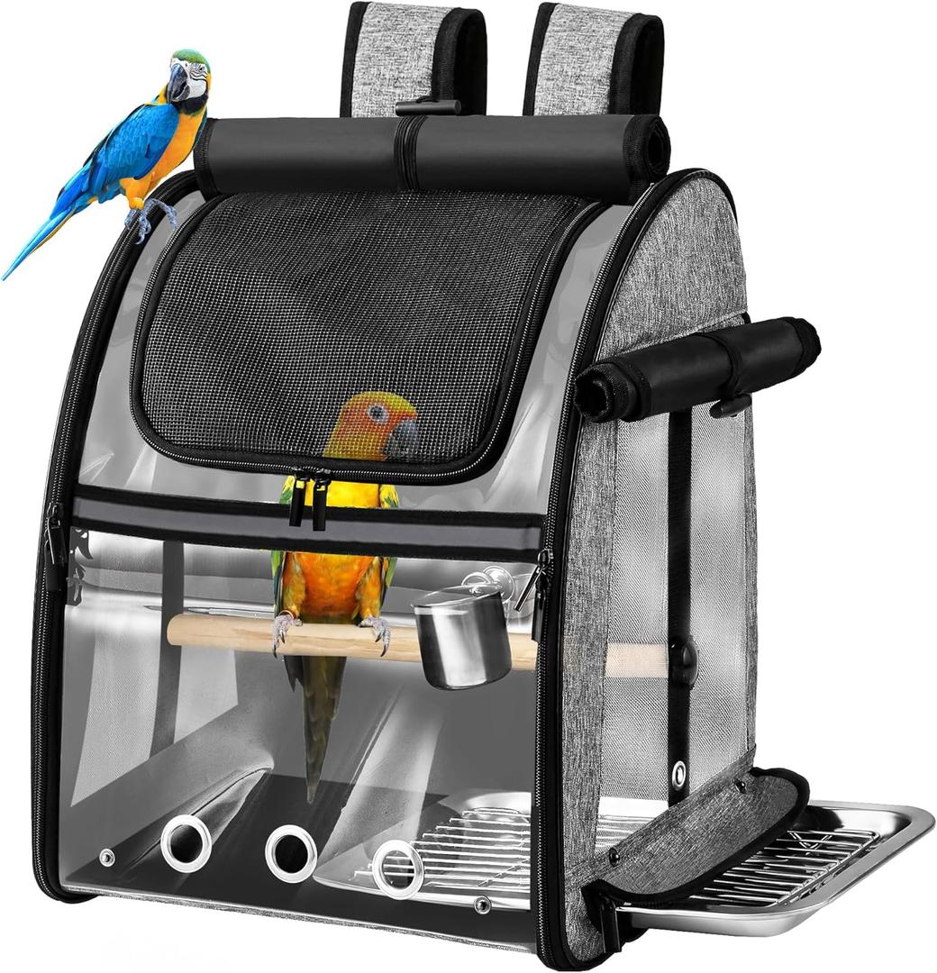 SUERTREE Bird Carrier Bag with Indestructible Stainless Steel Mesh, Bird Travel Cage with Stand, Easy to Clean Backpack for Parrot, Portable Bird Travel Bag, Pet Transparent Breathable Travel Cage (Grey)