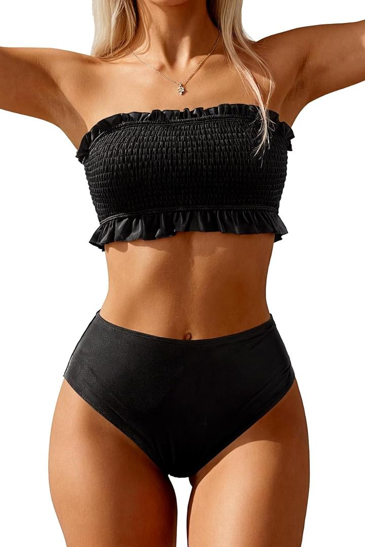 Tempt Me Women Bandeau High Waisted Bikini Sets Smocked Swimsuit Strapless Two Piece Bathing Suit, Medium