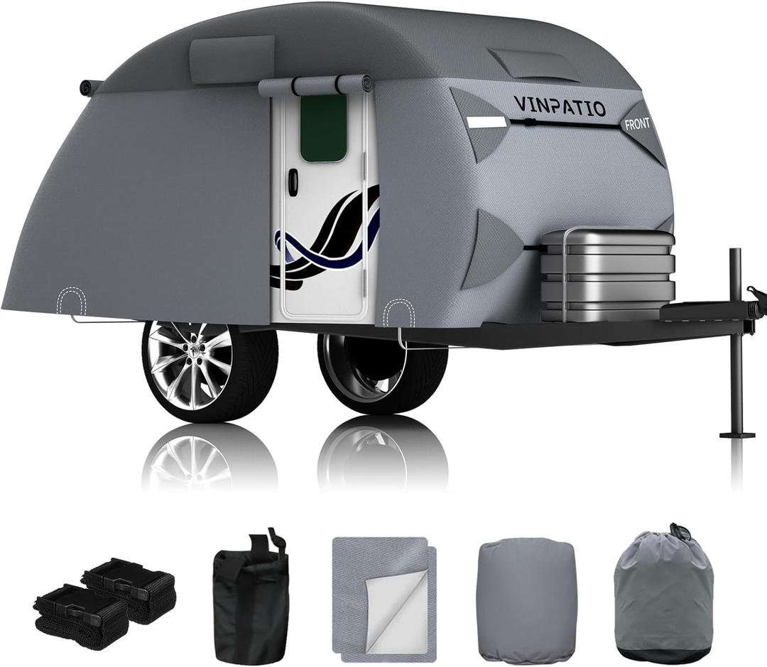 VINPATIO Teardrop Camper Cover - Fits 10'-12' Trailers, 7 Layers Top Heavy Duty with Windproof Strap, RV Cover
