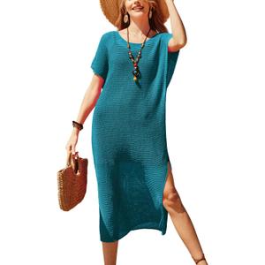 VOTEPRETTY Womens Two Piece Cover Ups Sets Crochet Beach Vacation Summer Swimwear Short Sleeve Outfits Split Knit Long Dress (Small, Blue)