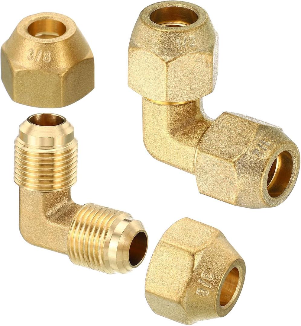 PATIKIL 1/2" x 1/2" Brass Pipe Fitting, 2 Pack Flare 90 Degree Elbow Tube Fitting Pipe Adapter Connector with Nut for Air Conditioner Refrigeration Plumbing