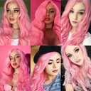 YBYMCAI Pink Wig - Long Pink Wavy Wigs for Women Middle Part Pastel Pink 26 inch Natural Curly Synthetic Wig Heat Resistant Fiber Wigs for Daily Party Use