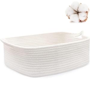 ABenkle Small Storage Basket with Handles, Cotton Rope Woven Dog Cat Toy Bin, Decorative Shelves Closet Organizing for Nursery Laundry Bedroom, 14.2''x 11''x 5.1'' (White)