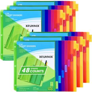 8-Tab Binder Dividers - Index Pockets Divider for 3 Ring Binders, 3-Hole Plastics Sheets Protectors for US Letter Size in 0.5'', 1'', 2'', 3 inch Binders, 8 Colors (XY004) (6 Packs)