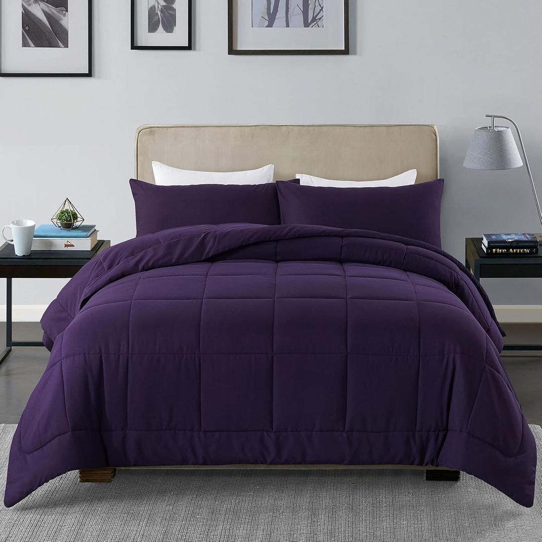 DOWNCOOL King Size Comforter Set -All Season Bedding Comforters Sets with 2 Pillow Cases -3 Pieces Bed Set Down Alternative King Bedding Set -Purple King Comforter Set(102"x90")
