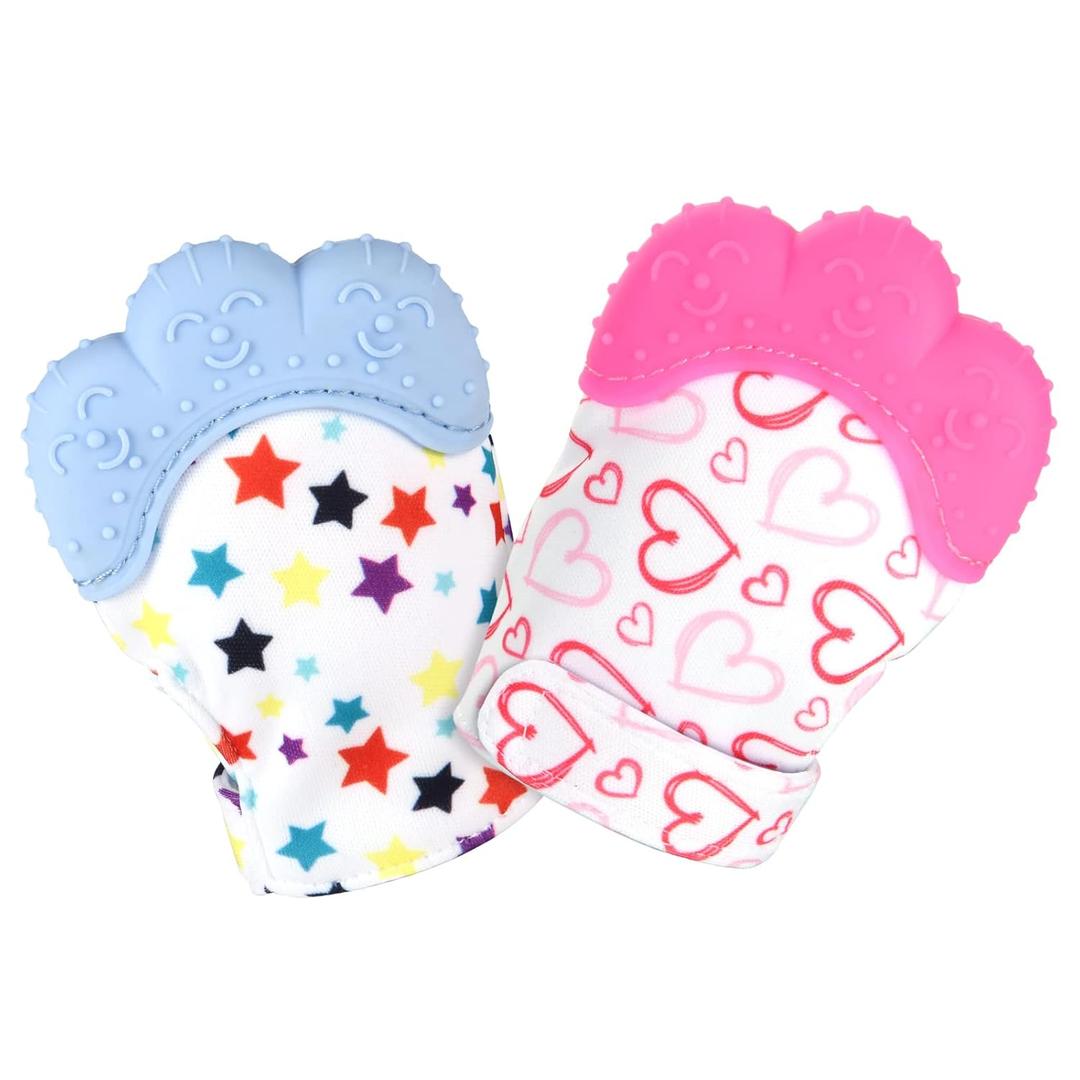 2Pack Silicone Teething Mitt, Soothing Infant Teething Mitten Pain Relief, Prevent Scratches Glove, Safe Silicone Teething Toys for 0-12 Months (Blue Dots & Pink Hearts)