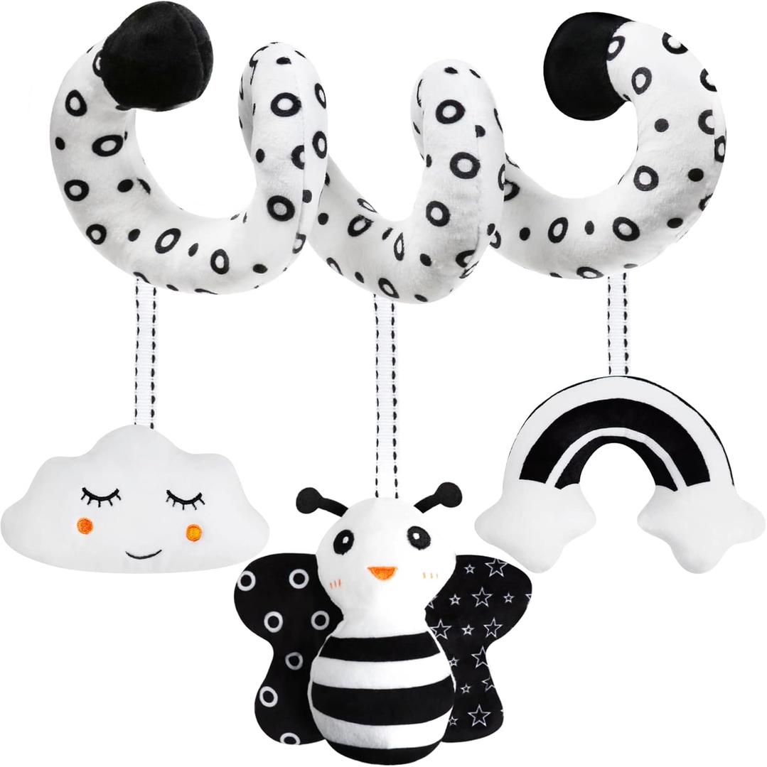 Baby Spiral Hanging Stroller and Car Seat Toys Black and White High Contrast Sensory Toy Newborn Plush Activity Toys Party Favors Quality Gifts for Baby Shower Easter Basket Stuffers -BEE