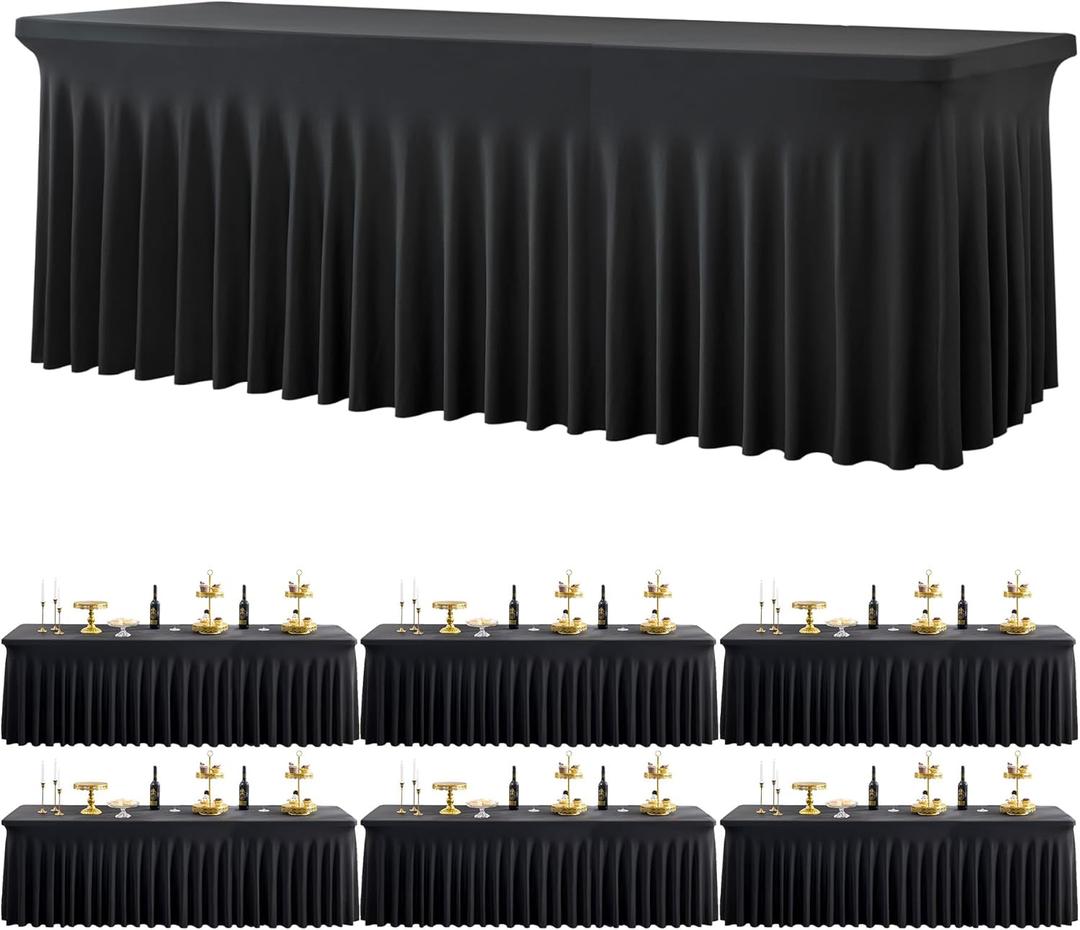 Black Spandex Tablecloth for 8 Foot Rectangle Tables, 6 Pack Black Wrinkle Free Fitted Table Cloths 8ft Stretchy Banquet Table Clothes Cover Desk Skirt for Birthday Wedding Parties Baby Shower