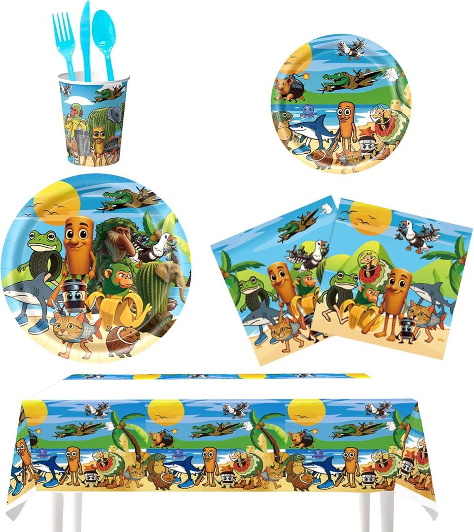 Italian Brainrot Birthday Decorations Supplies Tablecloth Plates Cups Napkins Forks Spoons Knives