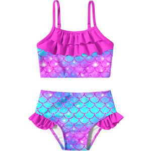 Little Girls Two Piece Mermaid Bikini Set Ruffle Adjustable Summer Beach Bathing Swimsuit 3-7 Years for Kids (4-5T, Mermaid Scale Pink)