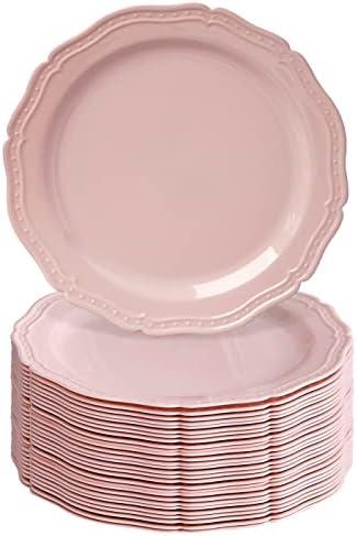 Vintage Embossed Plastic Dinner Plates for Party (20 PC) Heavy Duty Disposable Dinner Set 10.25", Fine China Look Dishes, Perfect for Baby Showers, Weddings etc. - Blush - CountrySide Collection