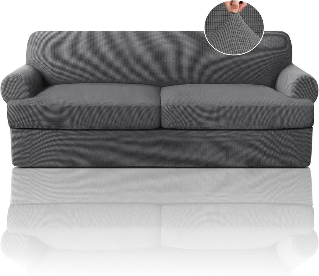 PrinceDeco T Cushion Sofa Slipcover 3 Pieces Sofa Covers for T Cushion Couch Soft Couch Covers Sofa Slip Cover Furniture Covers with 2 Individual T Shape Seat Covers Width Up to 88", Grey