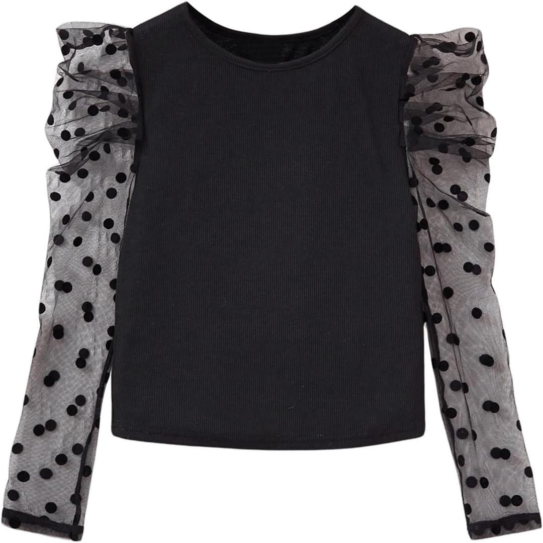 OYOANGLE Girl's Polka Dots Mesh Long Puff Sleeve T-Shirt Ribbed Knit Casual Blouse Top (Black)