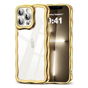 2 x SKYLMW Compatible with iPhone 13 Pro Max Case, Kawaii Cute Curly Wave Frame Luxury Plating Edge, Stylish Glossy Clear Back, Soft TPU Shockproof Protective Cases for iPhone 13 Pro Max, Gold