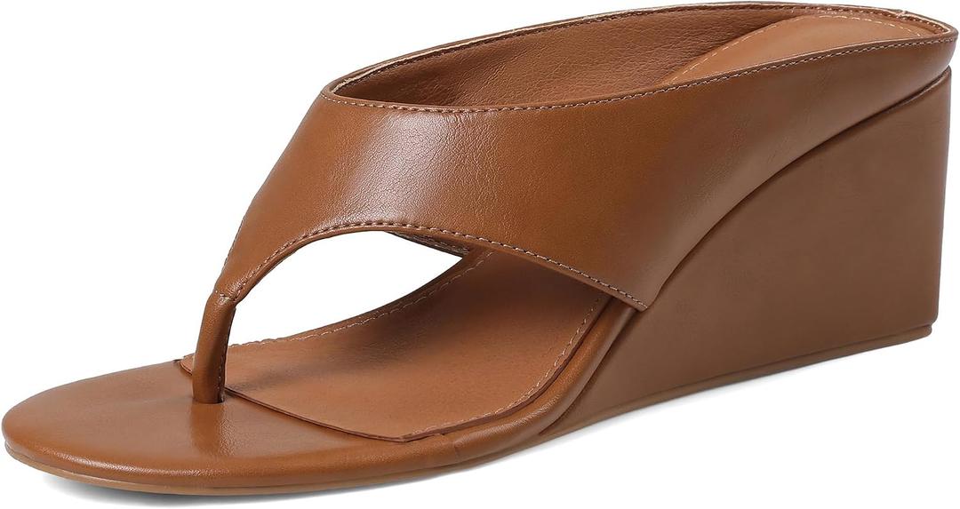 AMINUGAL Wedge Sandals for Women Trendy Dressy Summer Wedges Heels for Women Chunky Heel Open Round Toe Womens flip flops slides Cute Beach Slip On Thong Sandals for Ladies Y2K (Brown, Size 8.5)