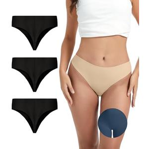 OVRUNS Seamless Thongs for Women 3 Pack No Show Thong underwear High Waist Invisible Panty Liners Workout G-String, Size M