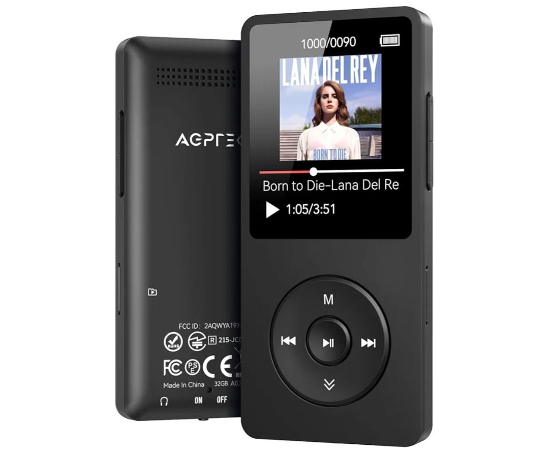 AGPTEK A02 MP3 Player with Bluetooth 5.3, 1.8 inch Screen Portable Music Player with Speaker, FM Radio, Voice Recorder, Supports Expanded Up to 128GB(Black, 32GB)
