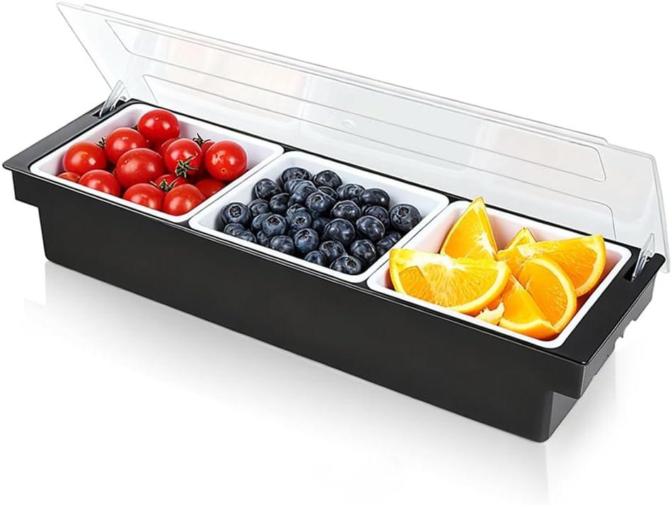Bar Fruit Condiment Caddy With Lid,Bar Garnish Tray Caddy For Bartenders,Plastic Toppings Container For Fruits,Ice Cream,Salad(3 Compartment)