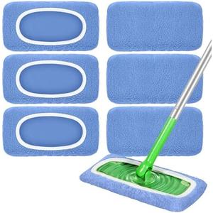 Reusable Mop Pads Compatible with Swiffer Sweeper Mop, Microfiber Dry Sweeping Cloths & Machine Washable Wet Pads Refill for Use on All Sealed Floors - Stone, Hardwood, Laminate & Tile (6 Blue)