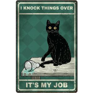 Funny Black Cat Tin Sign - Vintage "I Knock Things Over" Retro Decor, Sarcastic Metal Sign for Home, Kitchen, Bar, Unique Cat Lover Gifts, 8x12 Inch
