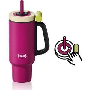 Tumbler with Handle,36 oz Ceramic Lined Travel Mug Water Bottle with Straw,Vacuum Insulated Stainless Steel Cup with Lid,Fits Cup Holder, Leak Resistant Press-in Lid, Purple (Fuchsia Berry Purple)