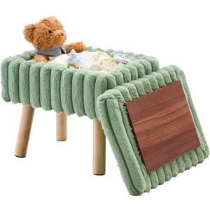 Wimarsbon Storage Ottoman,Soft Faux fur Footstool with Padded Seat, Small Reading Vanity Chair, Footrest with Wood Tray for Couch, Mini Coffee Table or Display Stand (Light Green, Rectangular Storage)